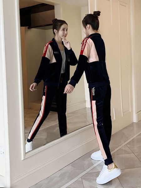 

winter sportswear suit women plush thickened 2020 new fashion leisure sweater two piece set foreign style, Gray