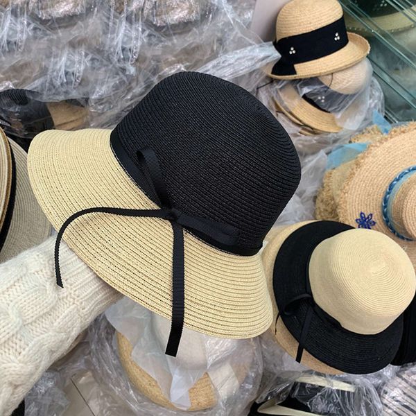 

summer 2020 spring and new straw color matching bow tie decoration travel versatile casual hat trend, Blue;gray