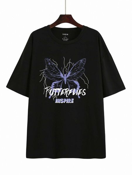 

butterfly and letter graphic drop shoulder oversized tee z7si#, White