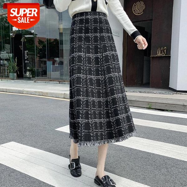 

jxmyy plaid knit skirt women's autumn/winter 2020 new mid-length high-waist a-line large swing covering crotch woolen long skirt #di8e, White;black