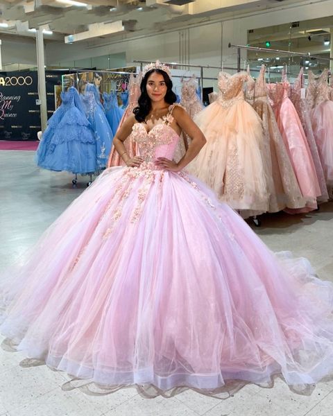 2021 светло-розовый сладкий 16 платьев Vestidos de Quinceanera 3D цветы кружевные кристалл спагетти ремешки корсет обратно цинкеана платье выпускных платьев