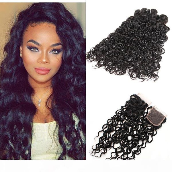 

brazilian water wave 3 bundles with closure unprocessed virgin human hair weave weft with lace closure middle 3 part double weft, Black