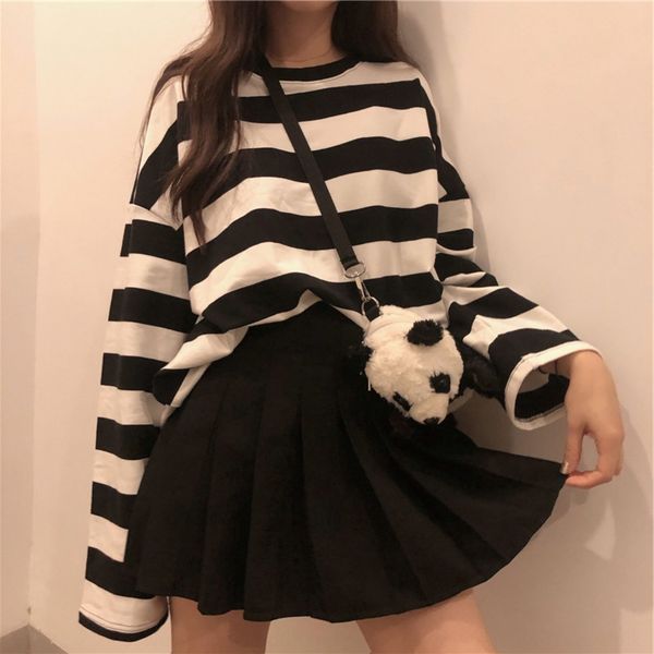

polyesterwomen's net red stripe loose medium length long sleeve t-shirt women's coat t-shirt fashionable veneer mzsvw, White