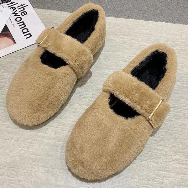 

2020 winter plush loafer buckle flat shoes girls fur shoes flats solid fur shallow buckle strap loafers zapatos muje, Black