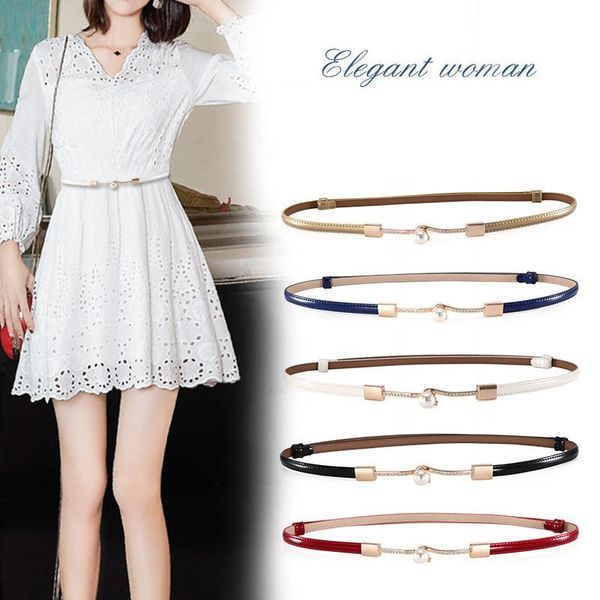 

skinny women belt 2020 new cowhide belts adjustable dress waist strap designer shiny pearl buckle fashion belt fit 55cm~92cm, Black;brown