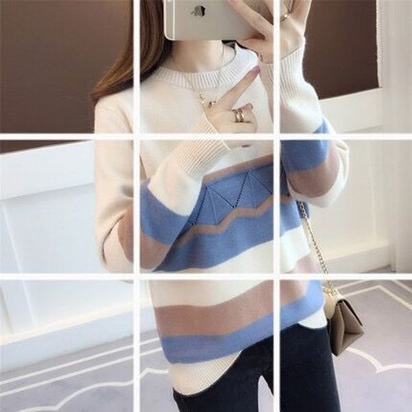 

2020 autumn winter sweater women's loose and lazy style new women's color matching knitted sweatersweaterround neck sweet little f, White;black
