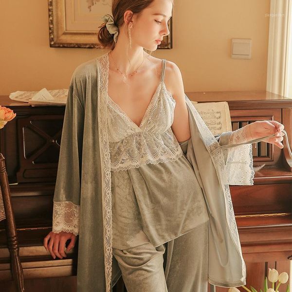 

women nightdress nightgown set autumn and winter long-sleeve ankle pants suspenders v-neck lace-edge nightgown three-piece1, Black;red