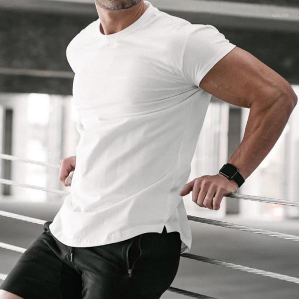 

muscle gym bodybuilding street sports leisure fitness short-sleeved men's new pure color hygroscopic sweat cotton sports t-shirt1, White;black