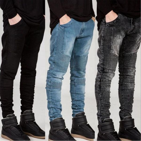 

nice new mens motorcycle pants wrinkled slim feet pants micro-elastic jeans / mens denim trousers / brand casual male jeans, Blue