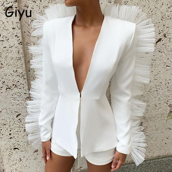

giyu two piece set women mesh ruffle blazer set autumn deep v neck long sleeve 2 piece suit shorts white black, Gray
