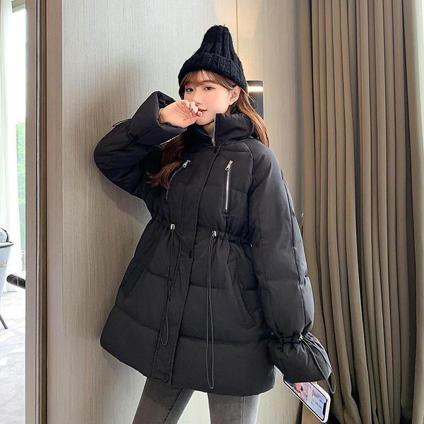 

solid color woman jacket winter thick warm stand collar cotton padded coat adjustable waist preppy style female puffer jacket, Black