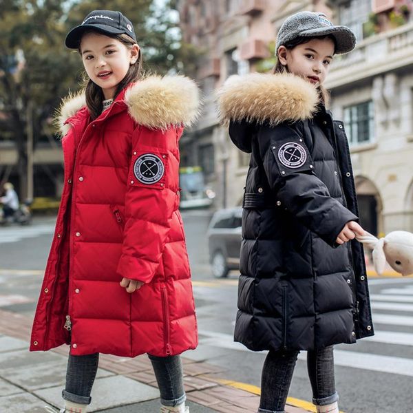 

olekid 2020 -30 degree girls winter coat hooded real raccoon fur down jacket for girls 5-14 years teenage outerwear parka, Blue;gray