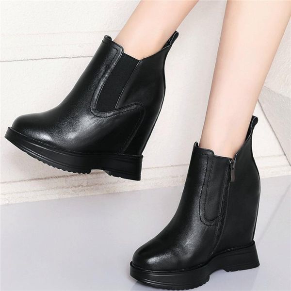 

new creepers women genuine leather platform wedges high heel ankle boots female high round toe fashion sneakers casual shoes, Black