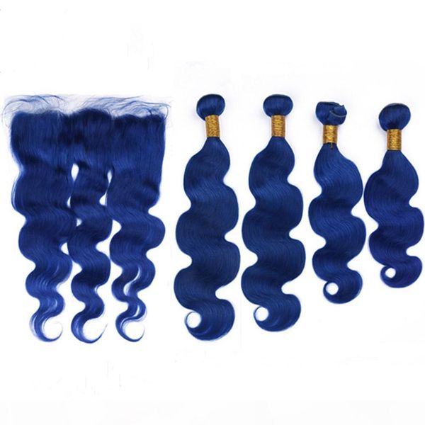 

dark blue body wave brazilian human hair weaves and frontal 5pcs lot pure blue wavy virgin hair wefts 4bundles with 13x4 lace frontal, Black;brown