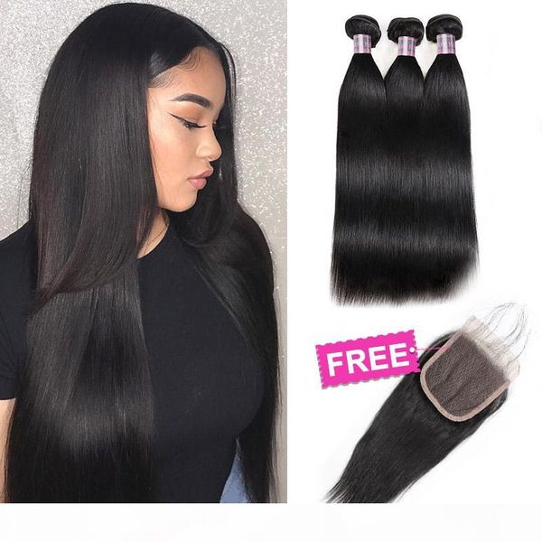 

big spring sales promotion buy 3 bundles get 1 lace closure brazilian peruvian malaysian human hair bundles with closure straight hair, Black