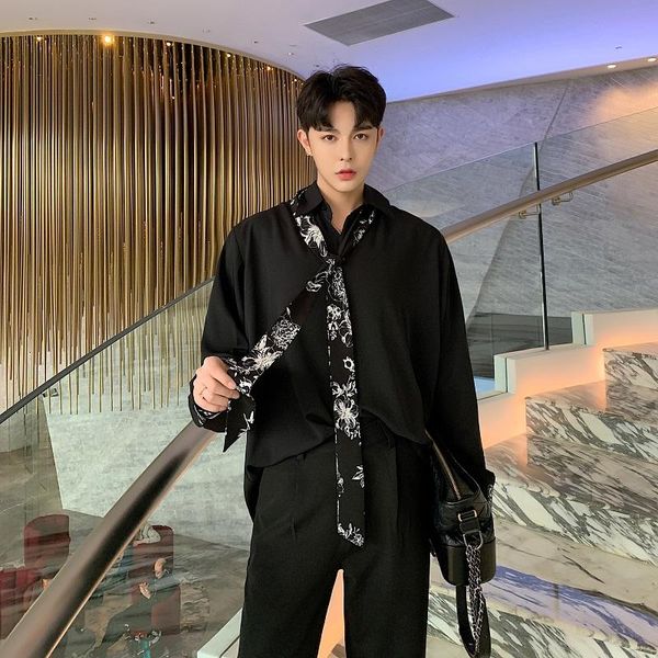 

men's casual shirts men vintage fashion loose black blue white long sleeve shirt tie collar party dress male spring clothing, White;black