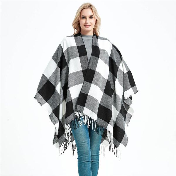 

fashion design autumn winter cashmere scarf women black and white tassel plaid split shawl scarves for ladies, Blue;gray