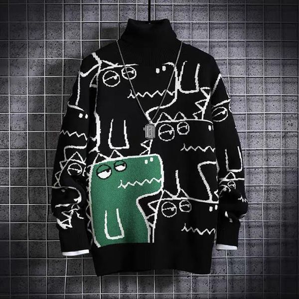 

men's sweaters japanese handsome sweater male high collar fashion cartoon trend loose lazy couple personality winter harbor style, White;black