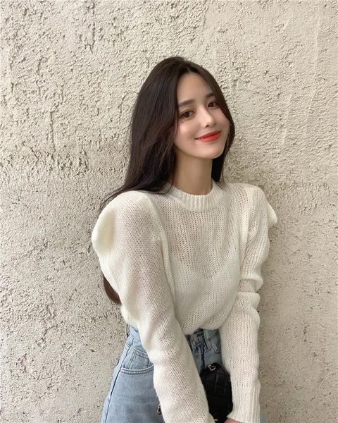 

thin style puff sleeve white sweater women knitted jumper pullover autumn pull femme jersey mujer1, White;black
