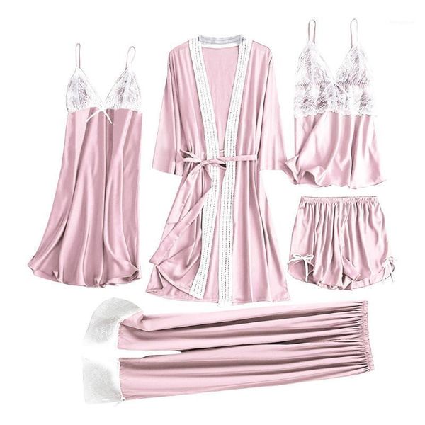 

5pcs women satin home suit women lace camisole trousers shorts nightdress robe pajamas lingerie vintage pijama sleepwear #w1, Black;red