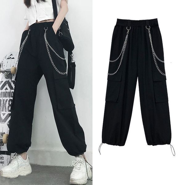 

cargo female 2021 new elastic jogger women's slacks hip plus size high streetwear s-4xl pants k933, Black;white