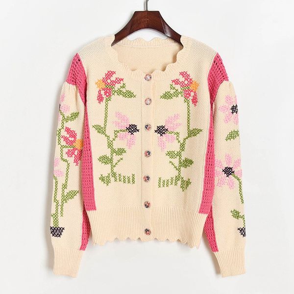 

2021 cardigan women's fashions new winter sweet contrast knitted vintage floral cross stitching around the neck sweater 87bd, White;black