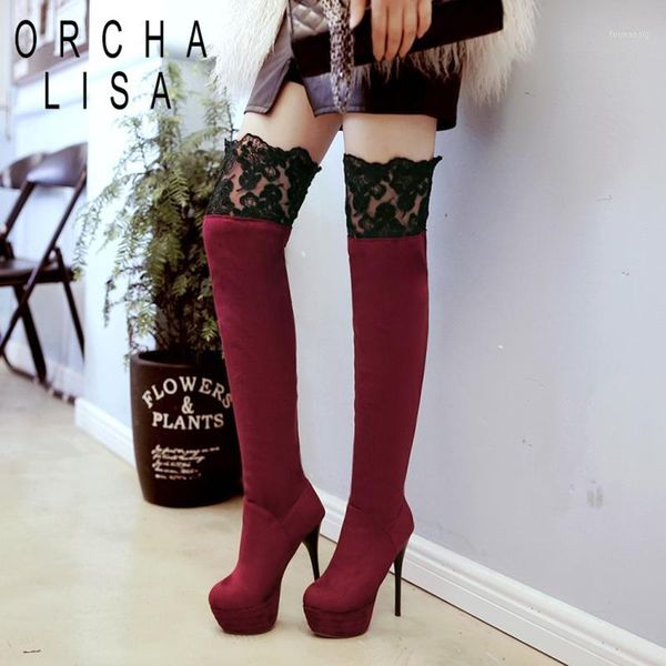 

orcha lisa big size 33-43 super high heel over the knee boots women shoes lace boots round toe thin heels warm fur velvet c4961, Black