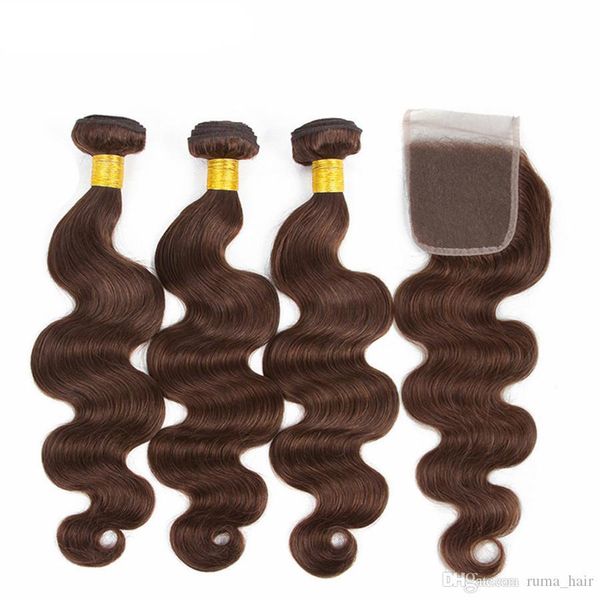 

part lace closure with brown hair bundles color #4 chocolate medium brown body wave human hair weaves with 4*4 closure, Black;brown