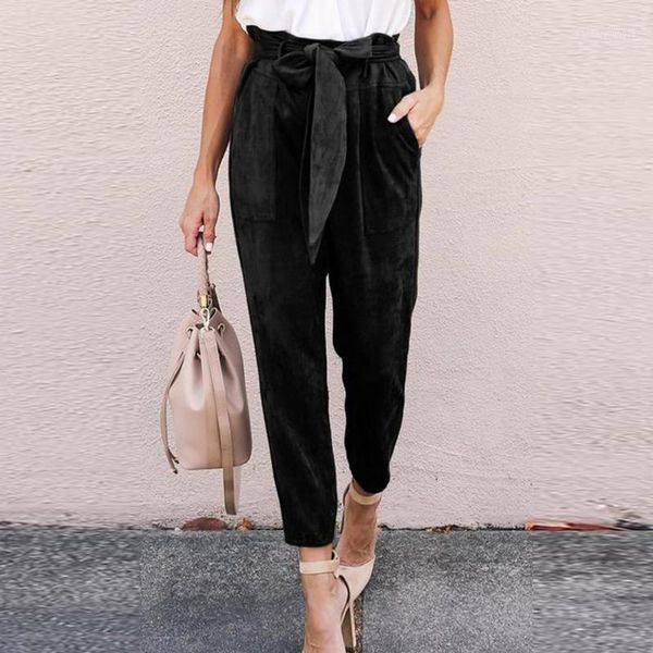 

women's pants & capris women's trouser slim casual cropped paper bag waist with pockets belt loose high waisted slim1, Black;white