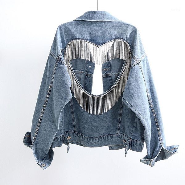 

streetwear fashion denim jacket women casual loose short outerwear cut out backless tassel rhinestones denim jacket coat female1, Black;brown