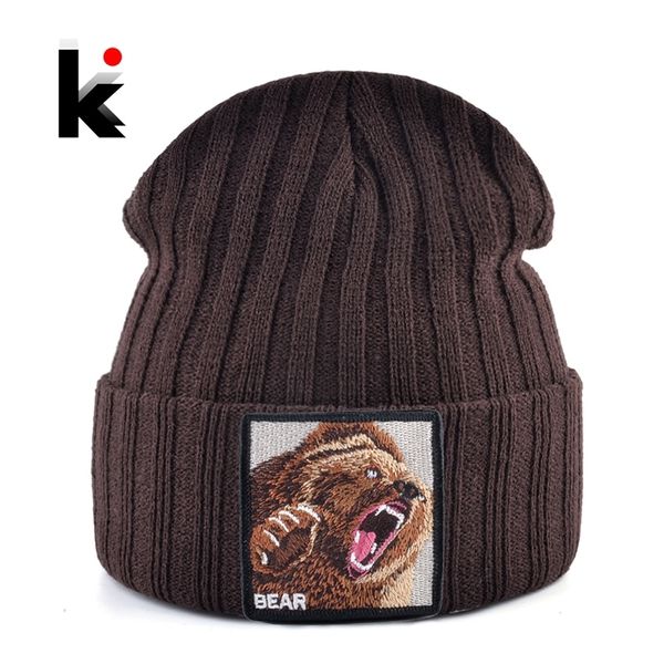 

embroidery bear knitted beanies hat men solid color autumn winter knitting boy skullies caps women streetwear kpop gorras bonnet y201024, Blue;gray
