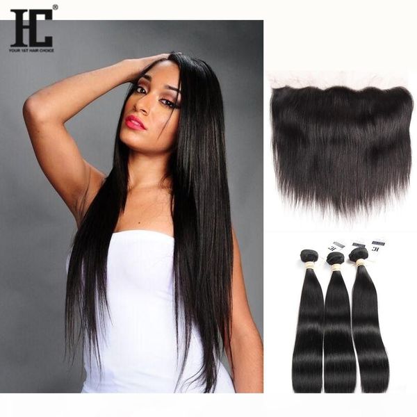 

hc brazilian human hair bundles with frontal natural color straight hair weaves 13x4 lace frontal and 3 bundles 4pcs hair extensions, Black