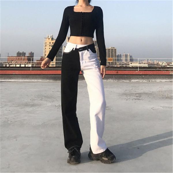 

2021 spring and autumn women's jeans casual all-match irregular stitching black and white pants high-rise straight-leg jeans, Blue
