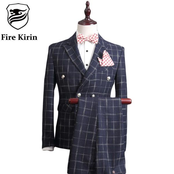 

fire kirin double breasted slim fit suit men 2021 stylish mens plaid suits groom wedding suit male business formal wear q337, White;black