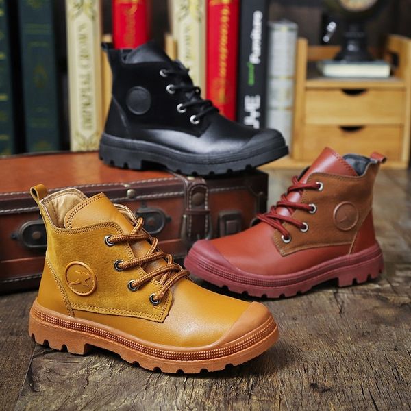 

boys 2019 autumn winter new children martin plush warm waterproof kids snow boots for school black leather shoes, Black;red