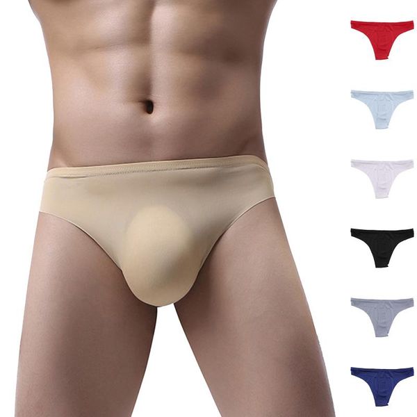 

men's thong underwear seamless low-rise crotch briefs fashion solid underpants quick-drying ice silk underwear cueca #27, Black;white
