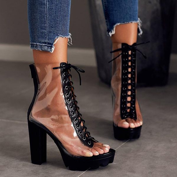 

платформа summer голеностопного высокие каблуки sexy женщин сапоги обувь peep toe толстые каблуки # y0304652q, Black