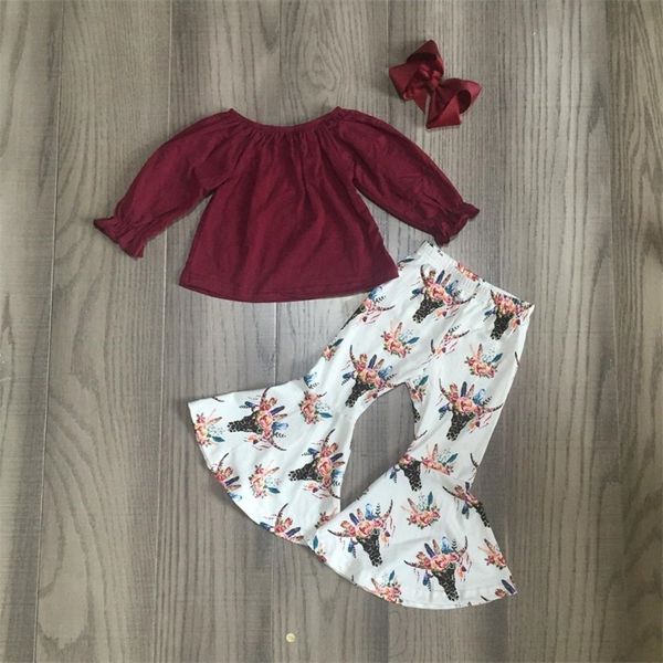 

fall/winter baby girls children clothes set outfits boutique milk silk wine cow floral leopard ruffles pants cotton match bow y200325, White