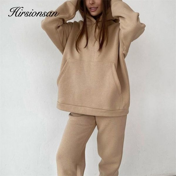 

hirsionsan soft cotton fleece women sets autumn winter thicken warm hoodie sweatshirts and pants two piece ladies tracksuit 211221, White