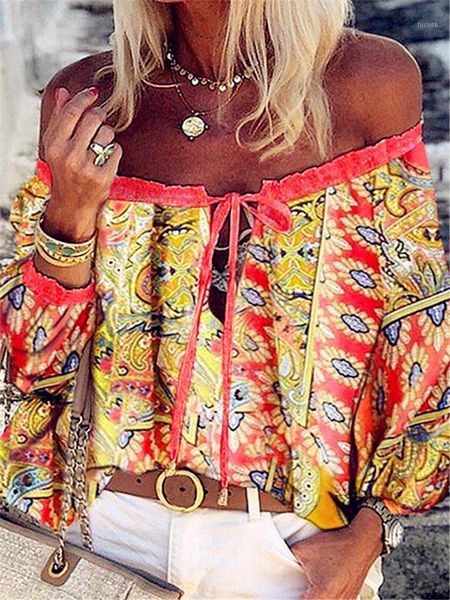 

2021 women spring autumn ruffles chiffon tees floral plus size belt off shoulder casual femme blouse shirt beboho1, White