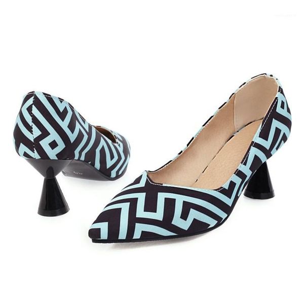 

2020 new pointed pumps shoes printing tapered heel high heel shoes superfine fiber womens heels blue pink pu large size females1, Black
