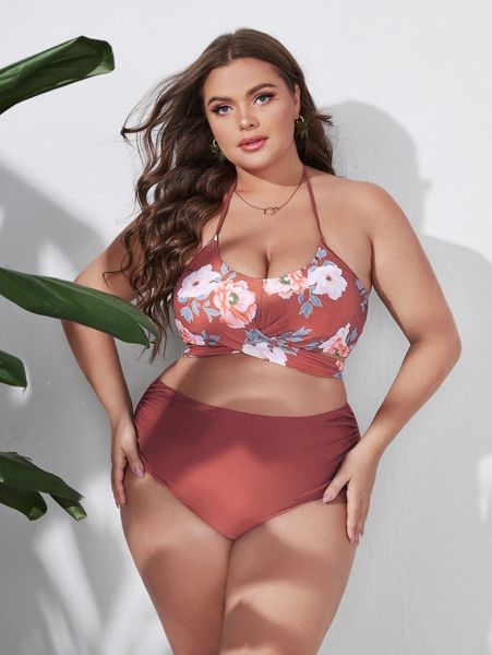 

plus floral print criss cross wrap bikini swimsuit f6dw#, Black