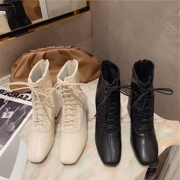 

luxury 2020 women chunky high heels ankle boots leather winter warm fur short plush square toe zipper lace up gladiator boots, Black