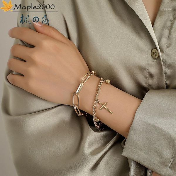 

fashion men multi-layer bracelet thick chain cross pendant gold bracelet for women punk retro fashion jewelry1, Black