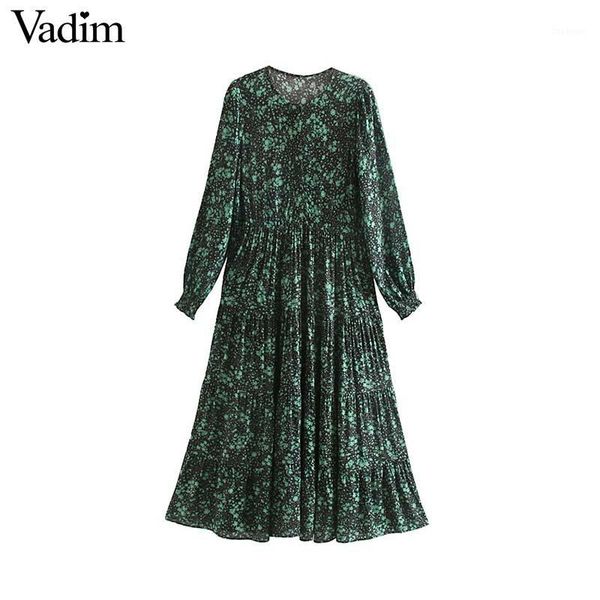 

vadim women retro floral print midi dress long sleeve o neck pleated vintage female chic casual dresses vestidos qc7761, Black;gray