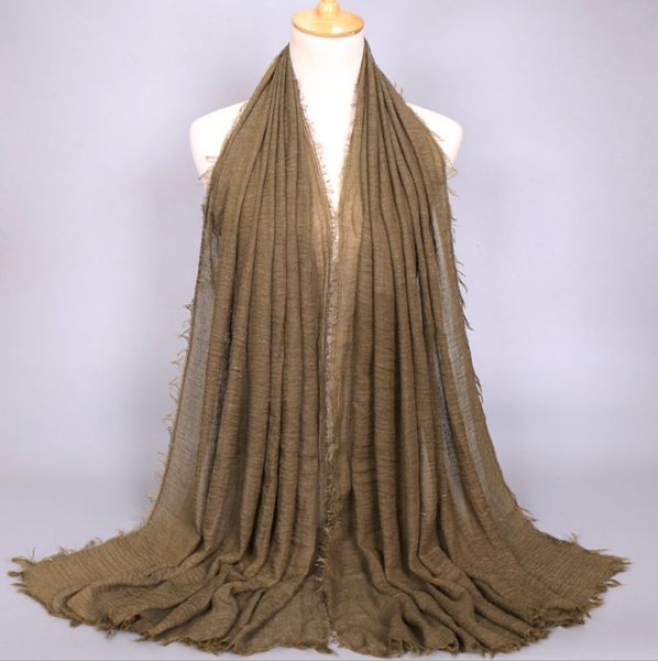 

new pleated cotton monochrome national style scarf creased cotton hemp wool fringes female shawl cape 201023, Blue;gray