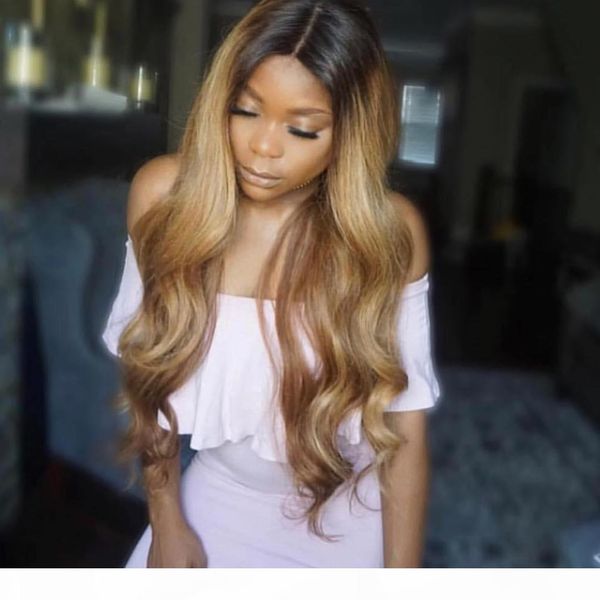 

#1bt#27 ombre lace wig body wave ombre human hair wig brazilian full lace wigs for black women 150 density lace front wig, Black;brown