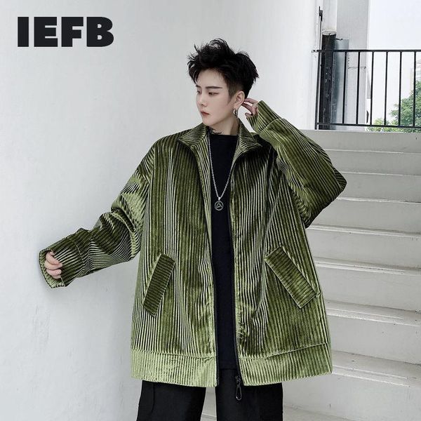 

iefb /men's wear 2021 spring winter stand collar back label loose men's jacket big size zipper long sleeve coat green 9y4117, Black;brown
