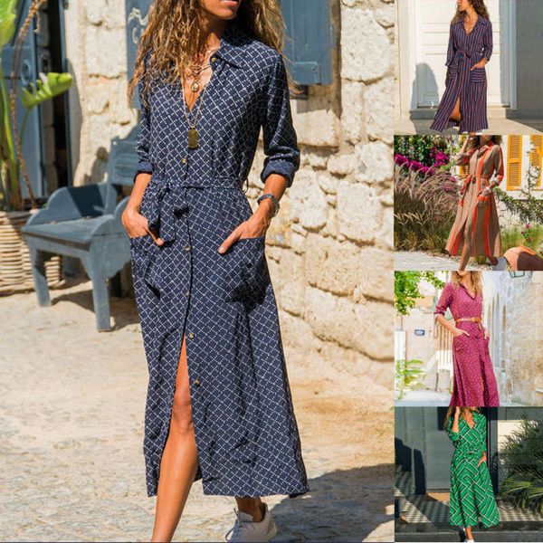 

print spring chiffon long dress shirt high waist lace up side pockets, Black;gray