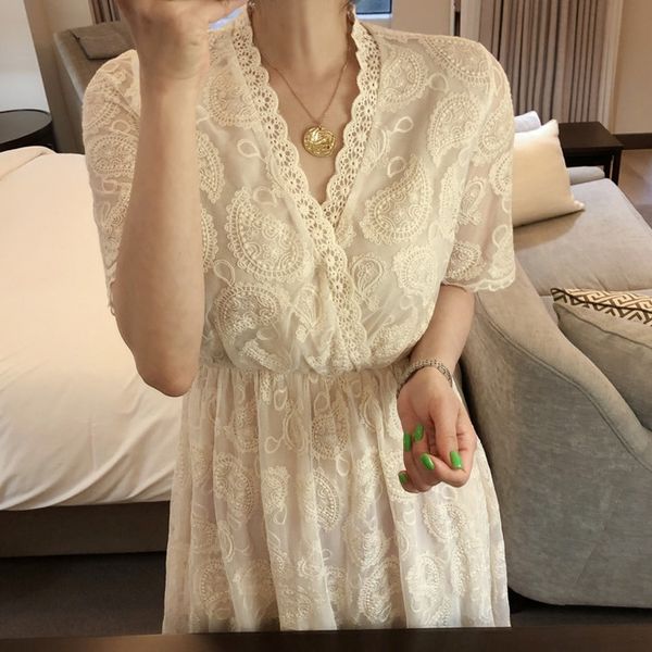 

korean lace skirt skirt women v-neck summer new style long dress white lace mid long dress commuter forest a308o, Black;gray